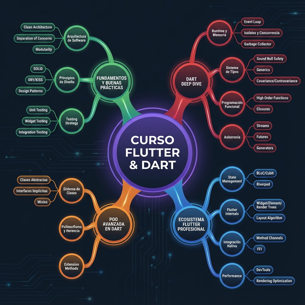 Mapa Mental del Curso Flutter & Dart mostrando los 4 módulos: Fundamentos y Buenas Prácticas, POO Avanzada en Dart, Dart Deep Dive, y Ecosistema Flutter Profesional